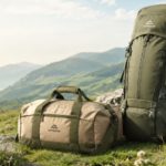 Hiking backpacks overlooking a mountain landscape