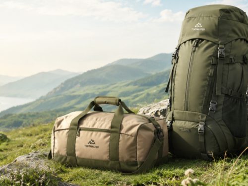 Hiking backpacks overlooking a mountain landscape
