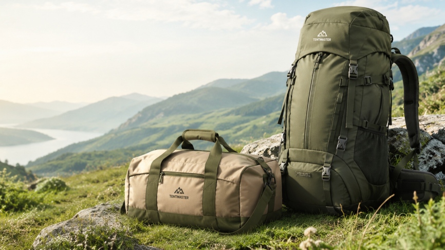 Hiking backpacks overlooking a mountain landscape