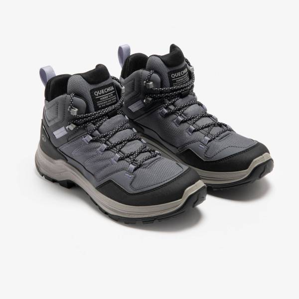 Quechua MH100 women’s grey hiking boots – pair Pair of grey Quechua MH100 women’s waterproof hiking boots, front view