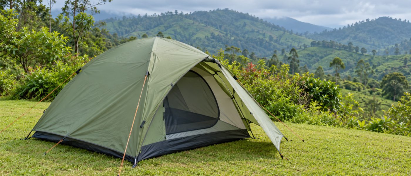 Green camping tent with an open entrance overlooking lush tropical hills