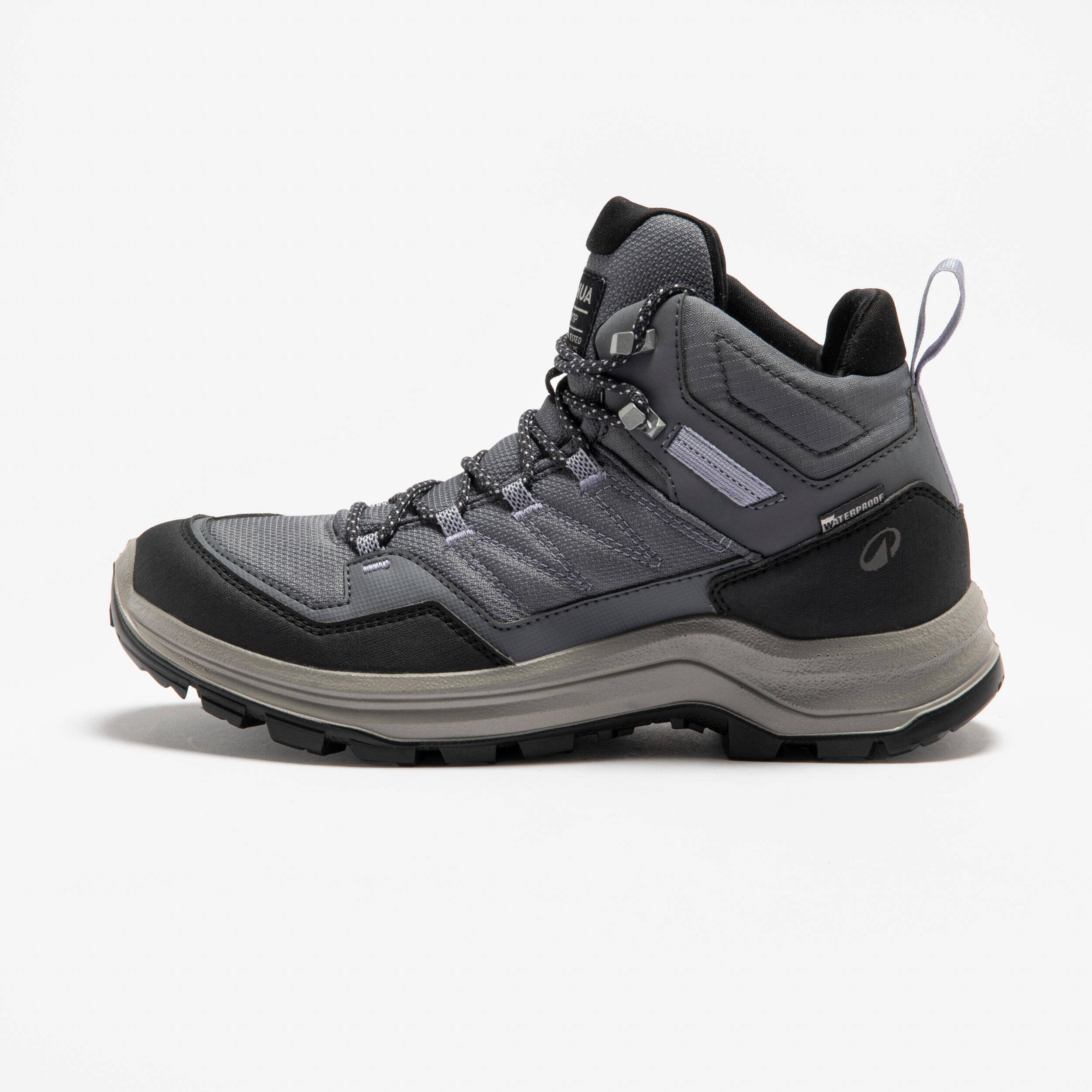 Quechua MH100 women’s grey hiking boot – outer side Grey Quechua MH100 women’s waterproof hiking boot, outer side view